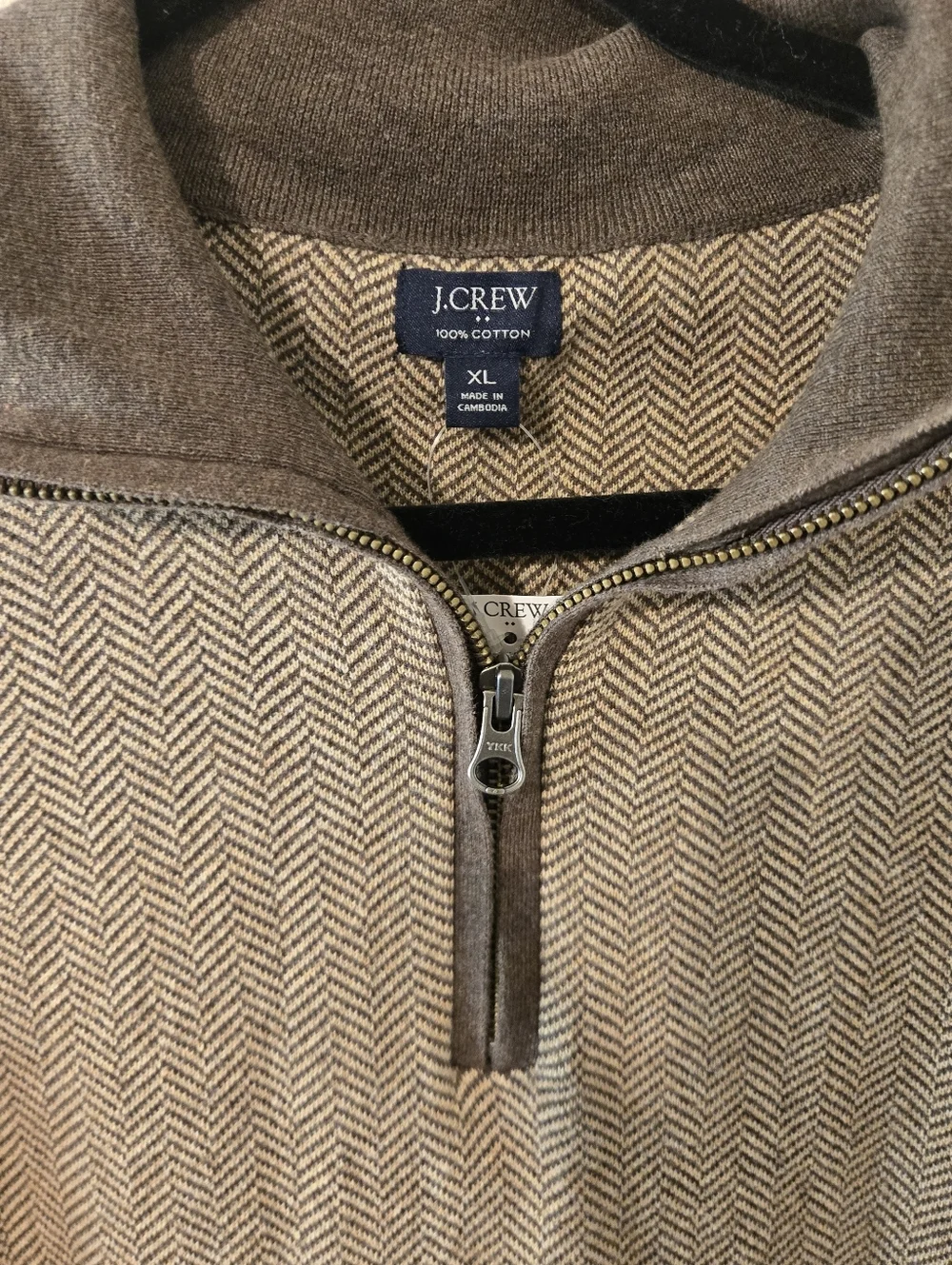 J Crew Mens Front Zip Sweater Size XL Brown Herringbone Long Sleeve 100% Cotton